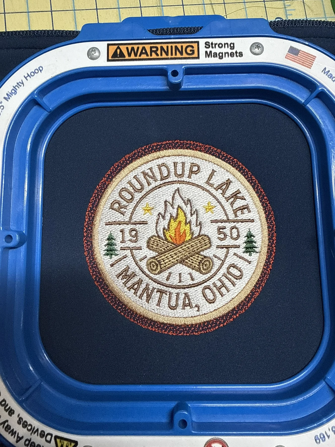 Detailed Roundup Lake Mantua Ohio campfire embroidery